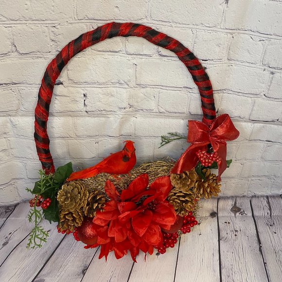 Christmas Cardinal hanging décor half basket Buffalo plaid RED BLACK - Picture 1 of 3